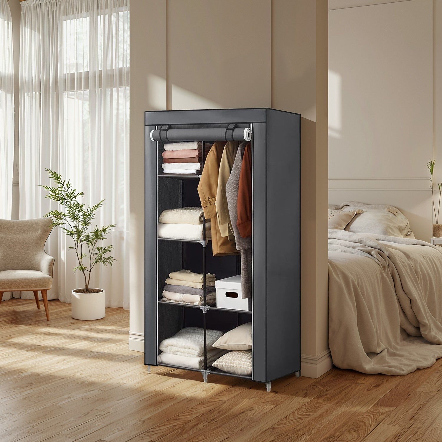 Portable Wardrobe - Non-Woven Fabric - Black - Double Hanging Rods and Adjustable Shelves