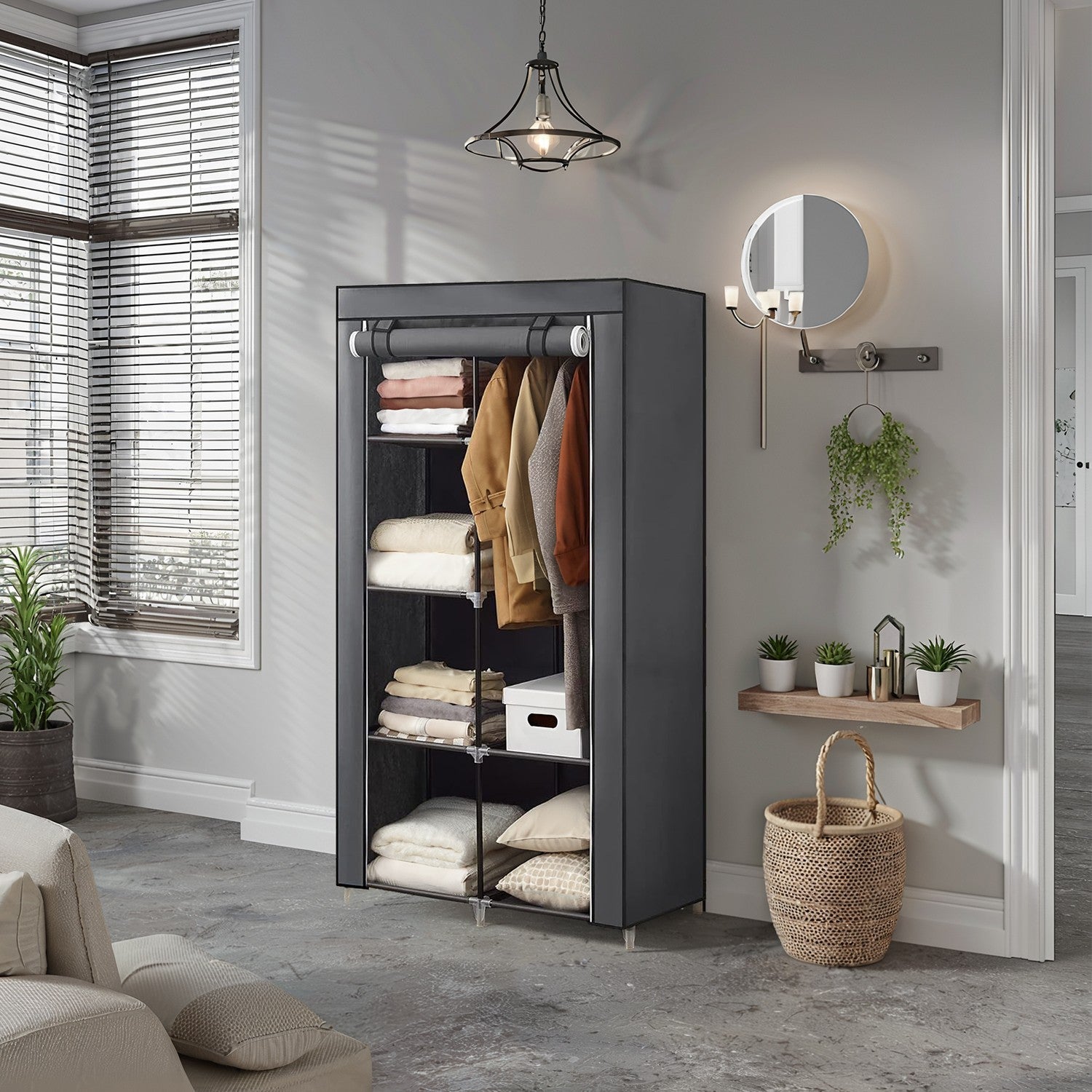 Portable Wardrobe - Non-Woven Fabric - Black - Double Hanging Rods and Adjustable Shelves