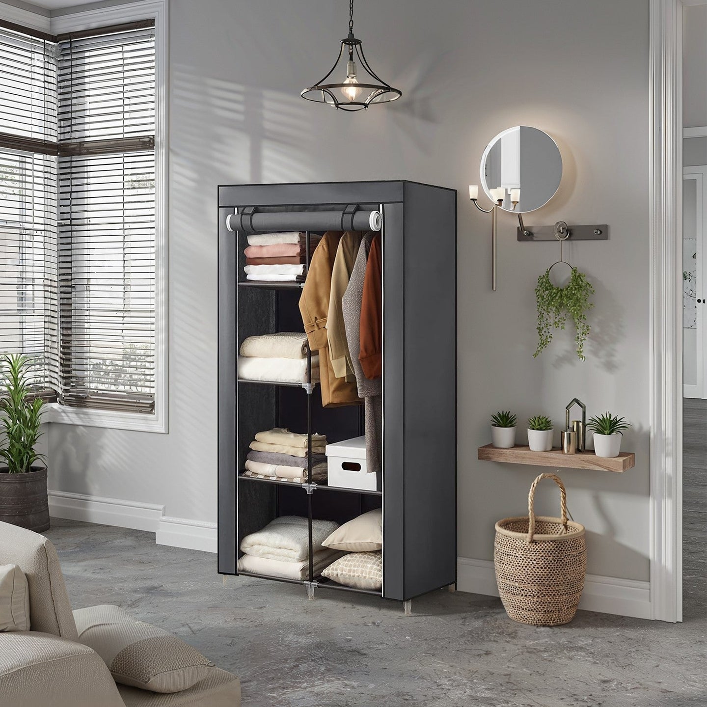 Portable Wardrobe - Non-Woven Fabric - Black - Double Hanging Rods and Adjustable Shelves