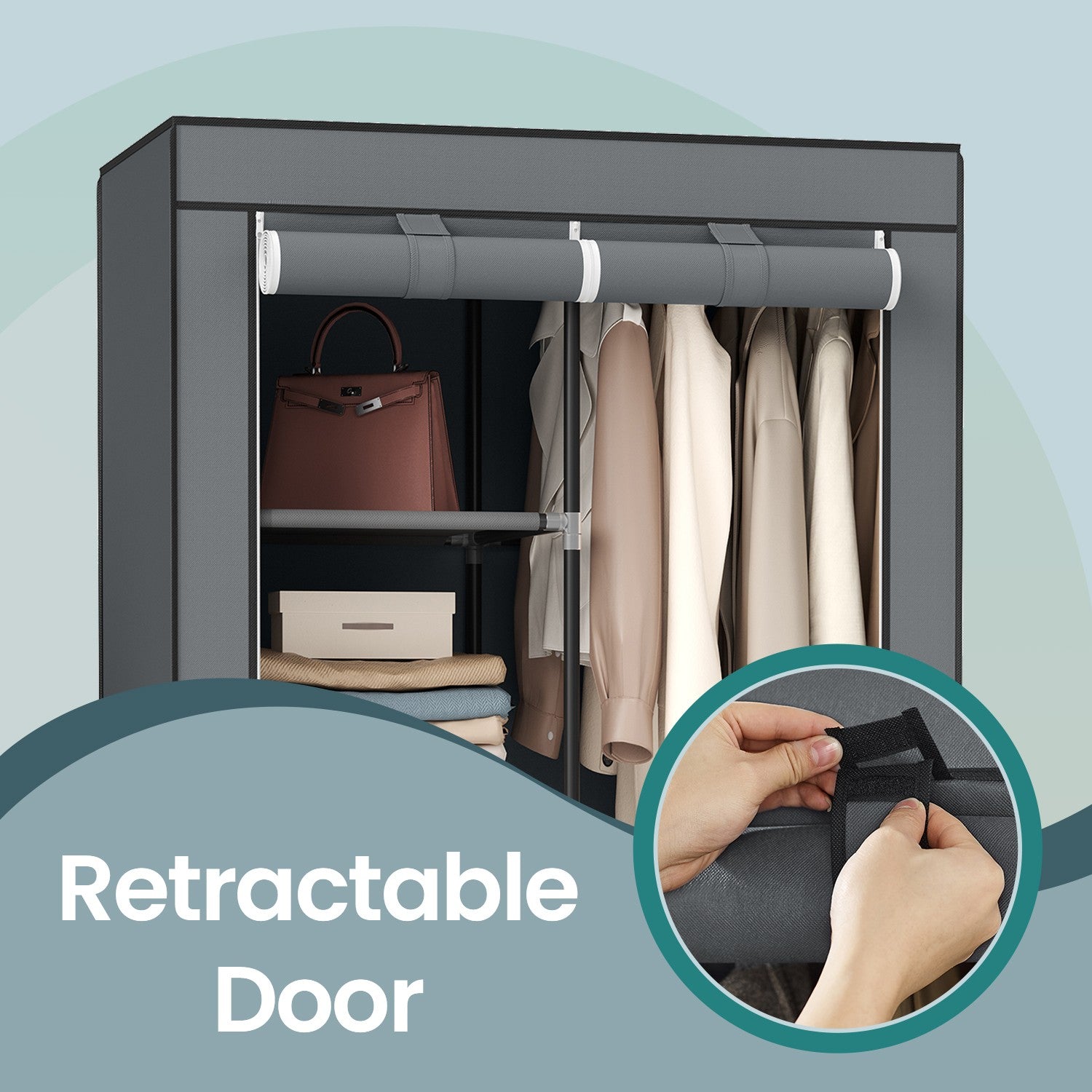 Portable Wardrobe - Non-Woven Fabric - Black - Double Hanging Rods and Adjustable Shelves