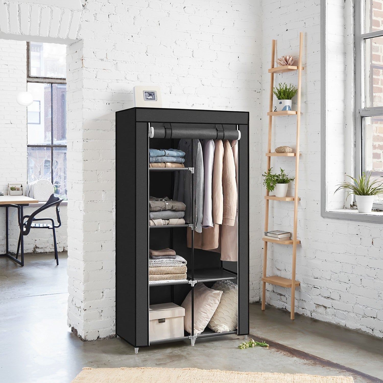 Portable Wardrobe - Non-Woven Fabric - Black - Double Hanging Rods and Adjustable Shelves