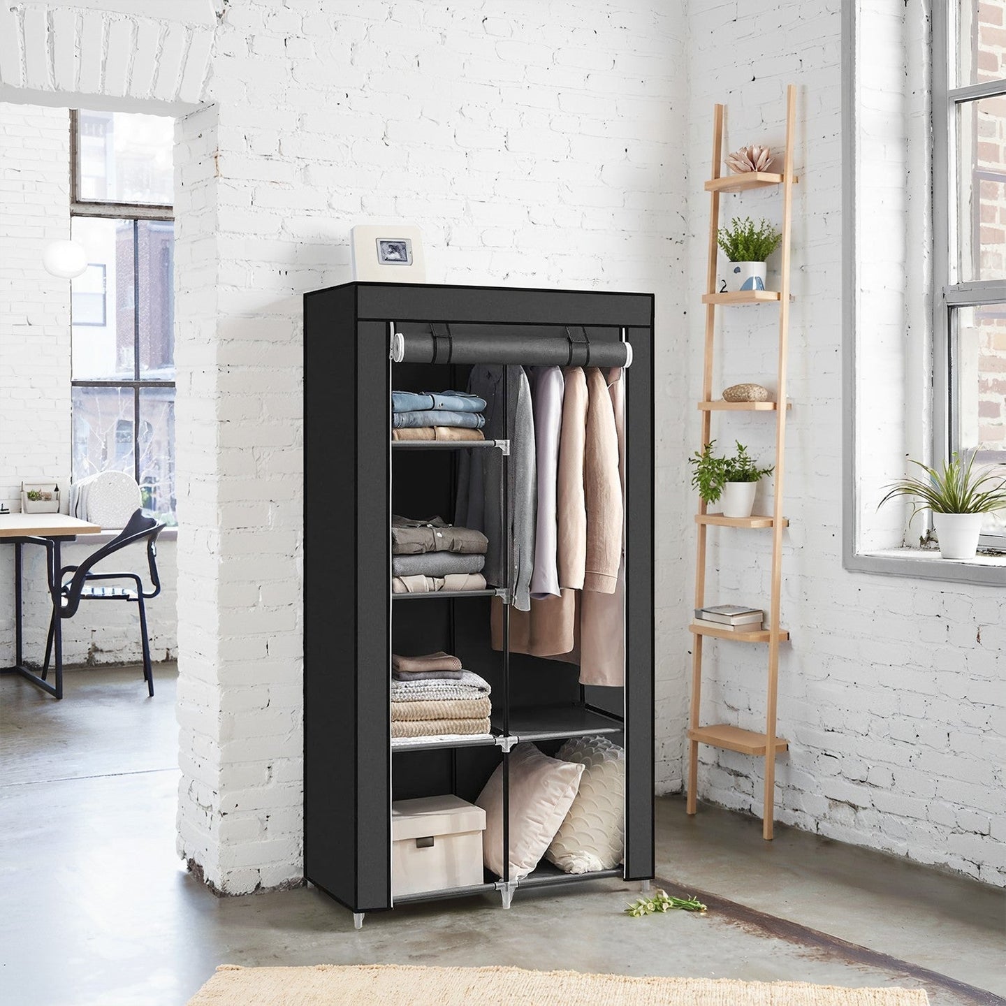 Portable Wardrobe - Non-Woven Fabric - Black - Double Hanging Rods and Adjustable Shelves