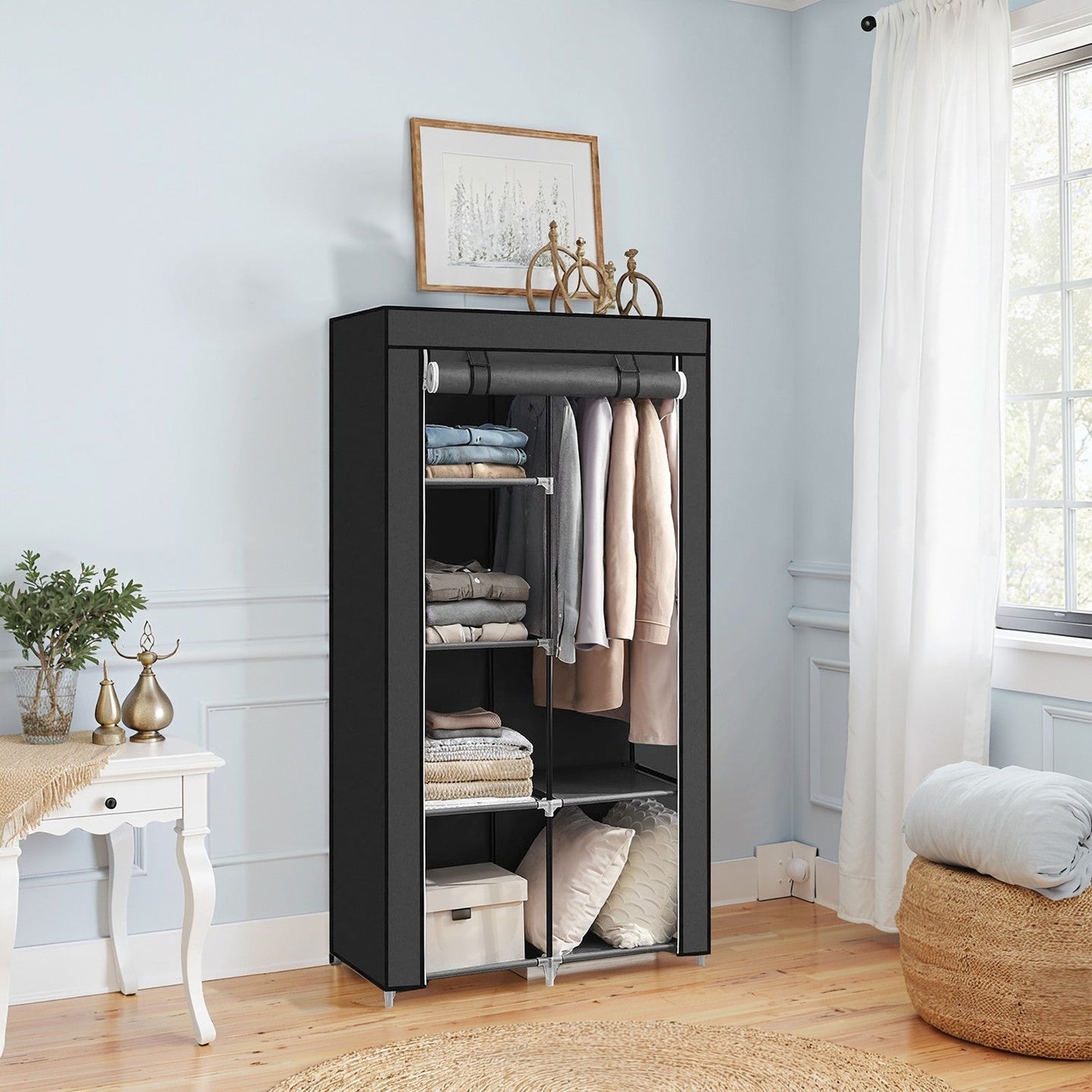 Portable Wardrobe - Non-Woven Fabric - Black - Double Hanging Rods and Adjustable Shelves