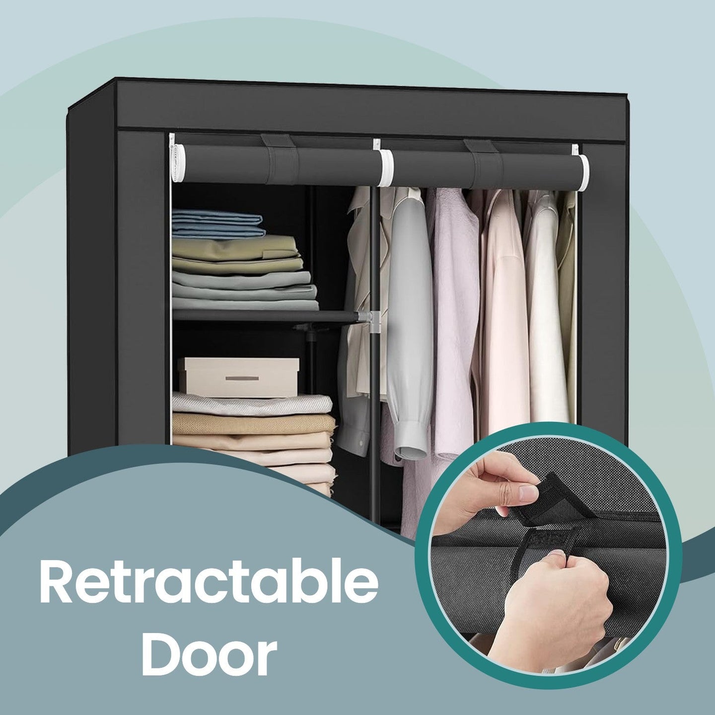 Portable Wardrobe - Non-Woven Fabric - Black - Double Hanging Rods and Adjustable Shelves