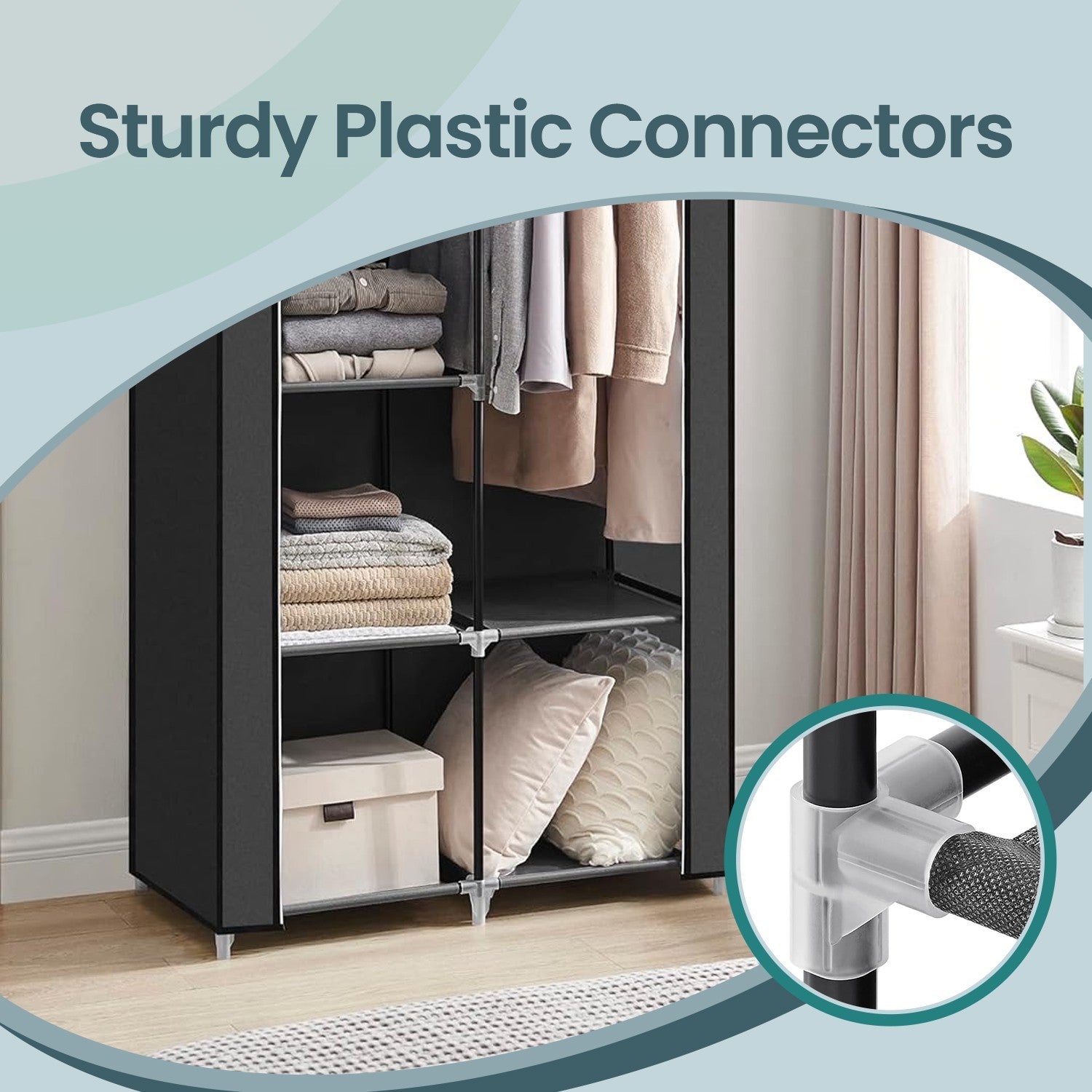 Portable Wardrobe - Non-Woven Fabric - Black - Double Hanging Rods and Adjustable Shelves