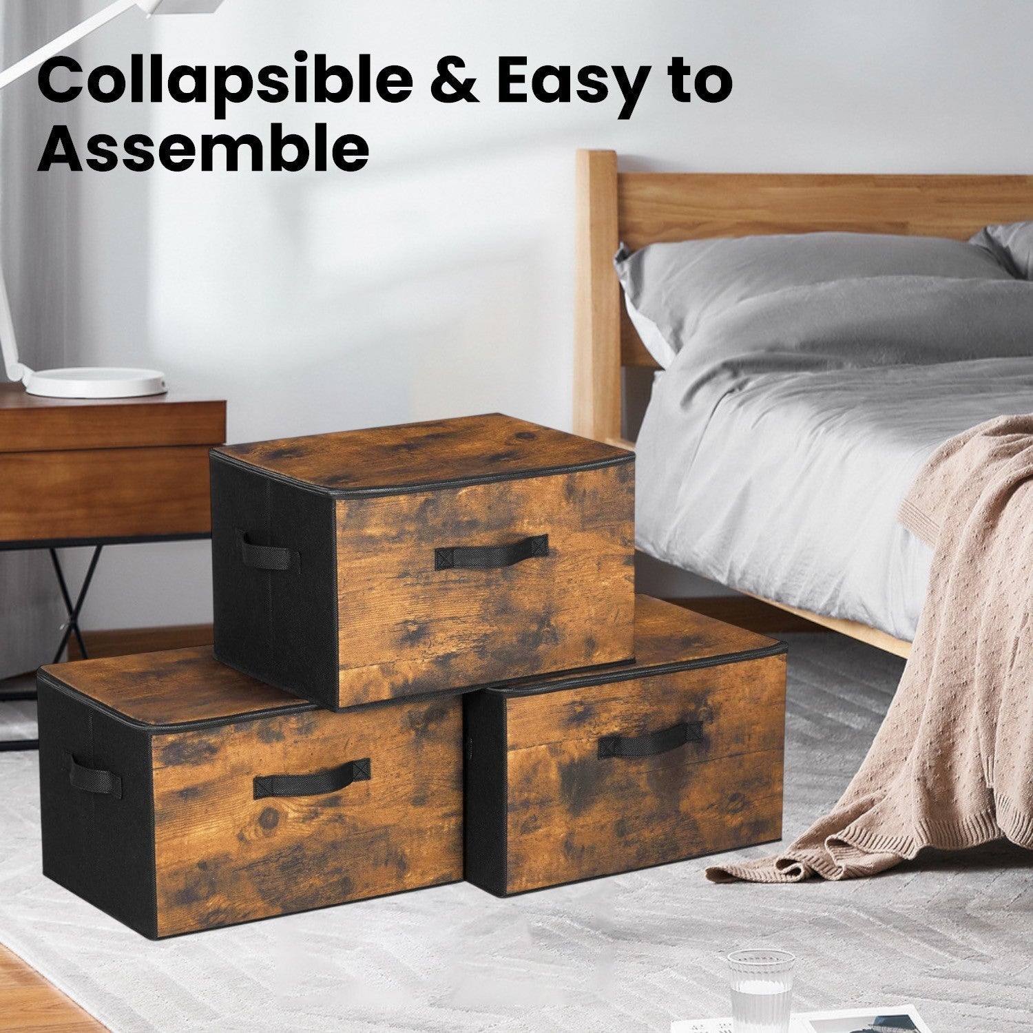 Foldable Storage Organiser Boxes - Set of 3 with Handles - Non-Woven Fabric - Rustic Brown