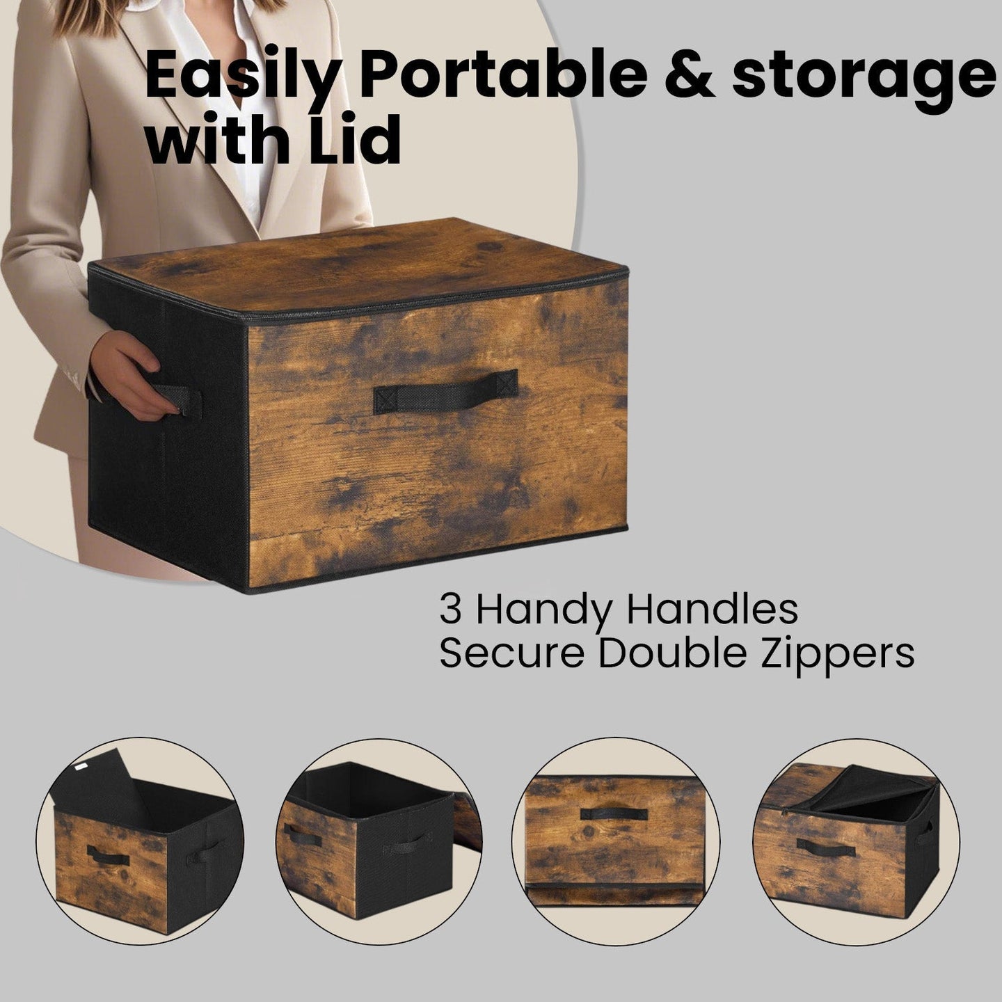 Foldable Storage Organiser Boxes - Set of 3 with Handles - Non-Woven Fabric - Rustic Brown