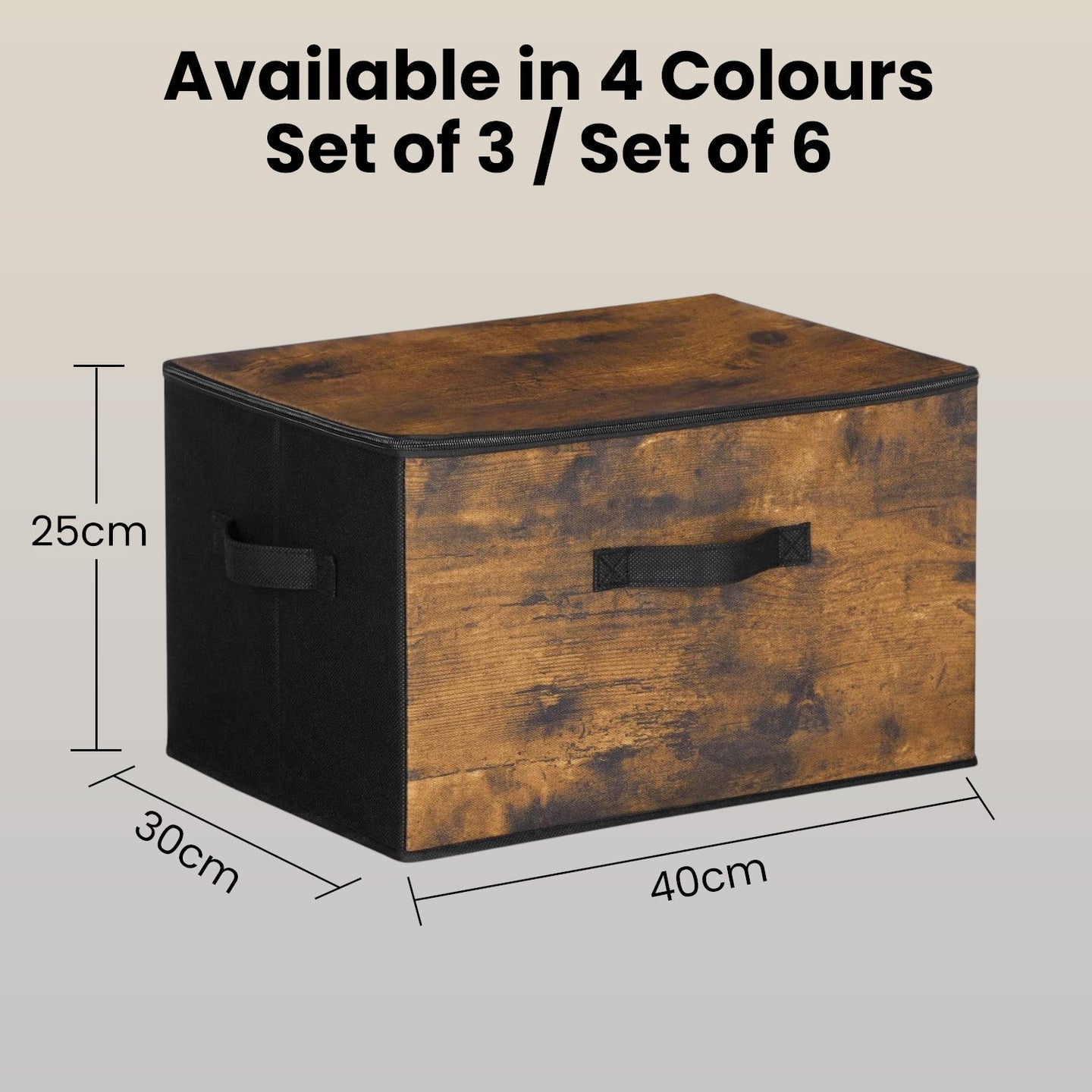 Foldable Storage Organiser Boxes - Set of 3 with Handles - Non-Woven Fabric - Rustic Brown