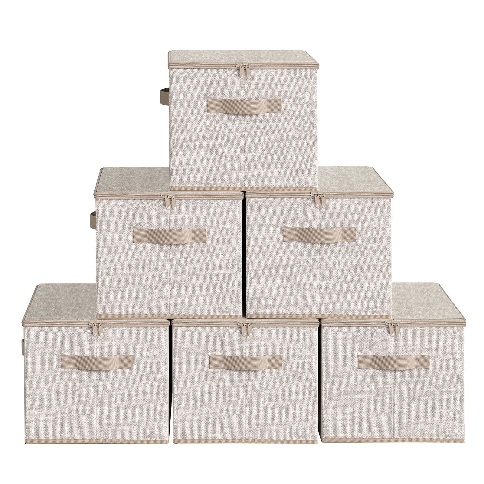 Set of 6 Foldable Storage Boxes - Non-Woven Fabric - Rustic Brown - With Lids and Handles