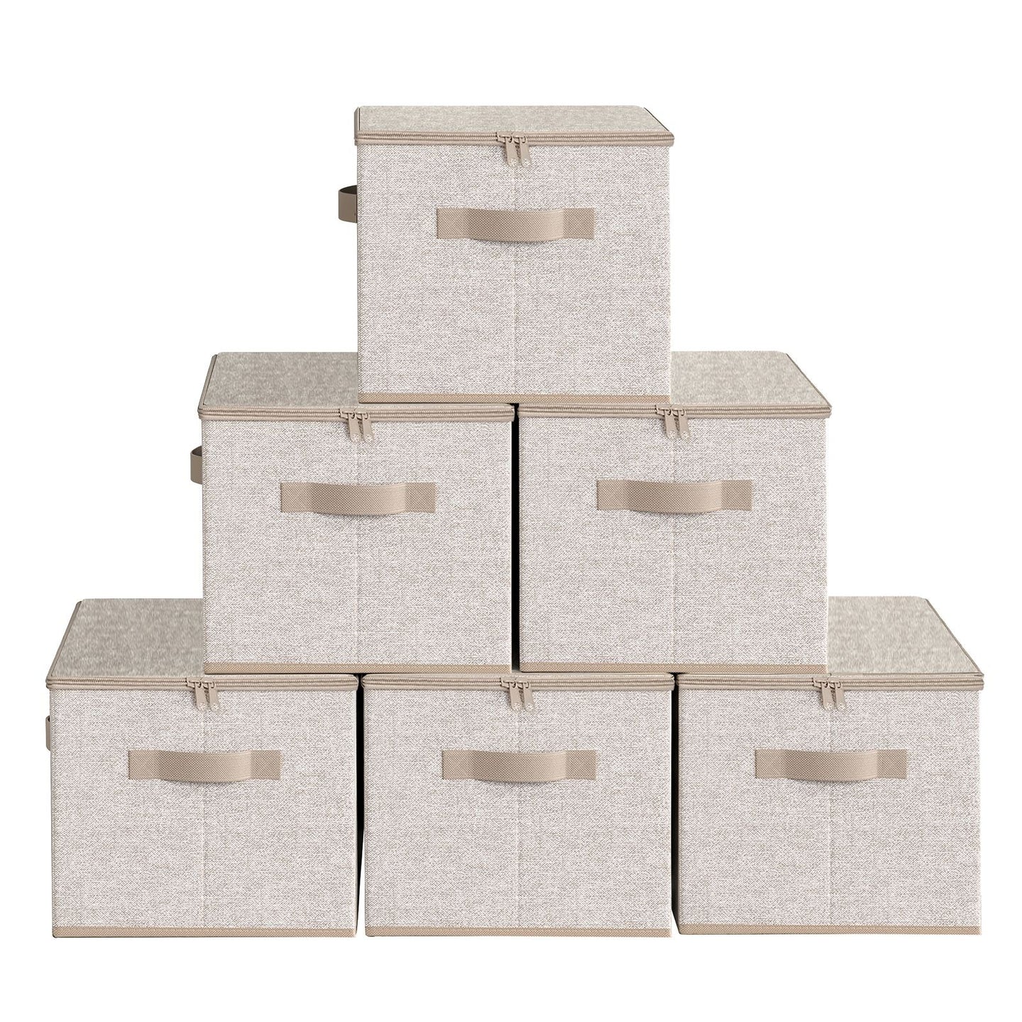 Set of 6 Foldable Storage Boxes - Non-Woven Fabric - Rustic Brown - With Lids and Handles