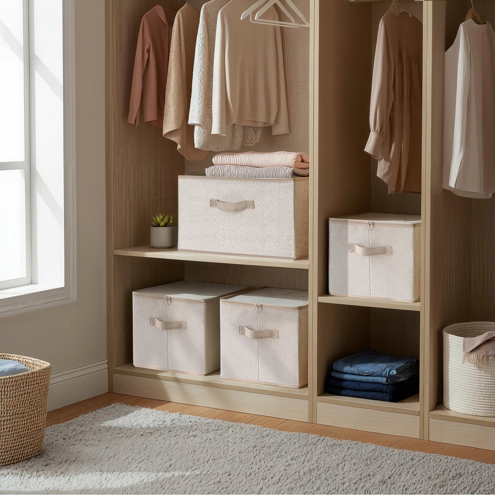 Set of 6 Foldable Storage Boxes - Non-Woven Fabric - Rustic Brown - With Lids and Handles