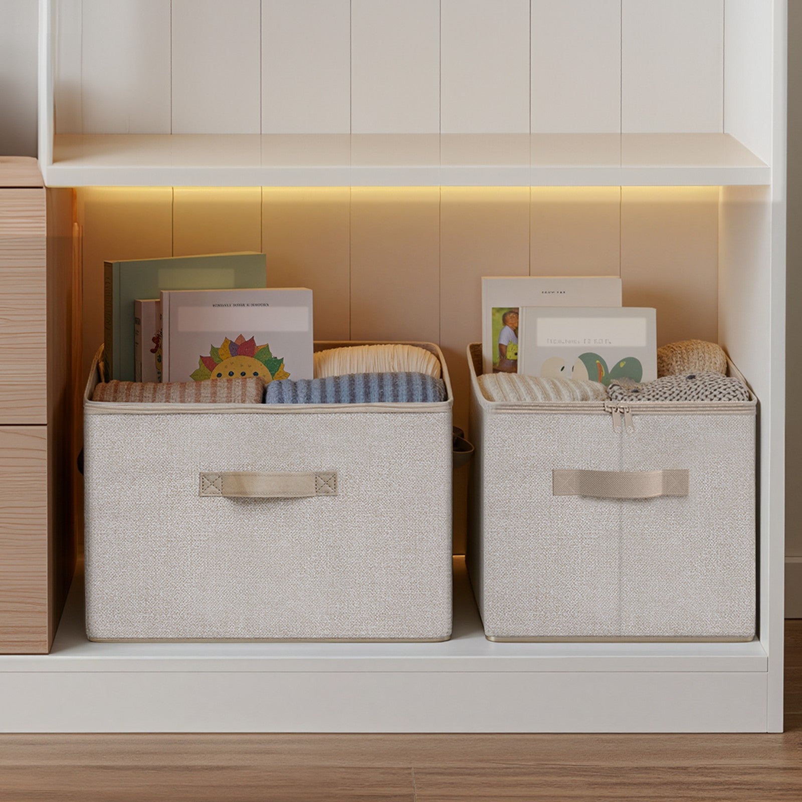 Set of 6 Foldable Storage Boxes - Non-Woven Fabric - Rustic Brown - With Lids and Handles