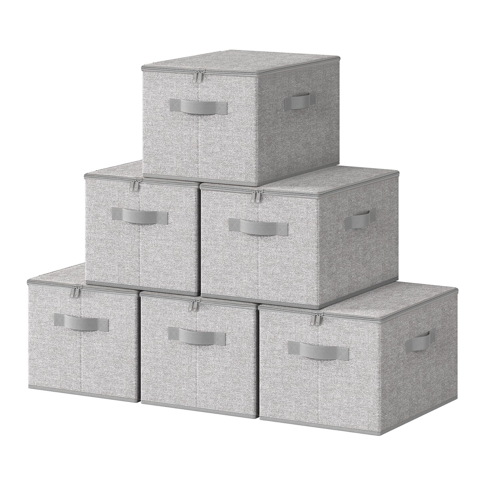 Set of 6 Foldable Storage Boxes - Thick Cardboard and Fabric - Light Grey