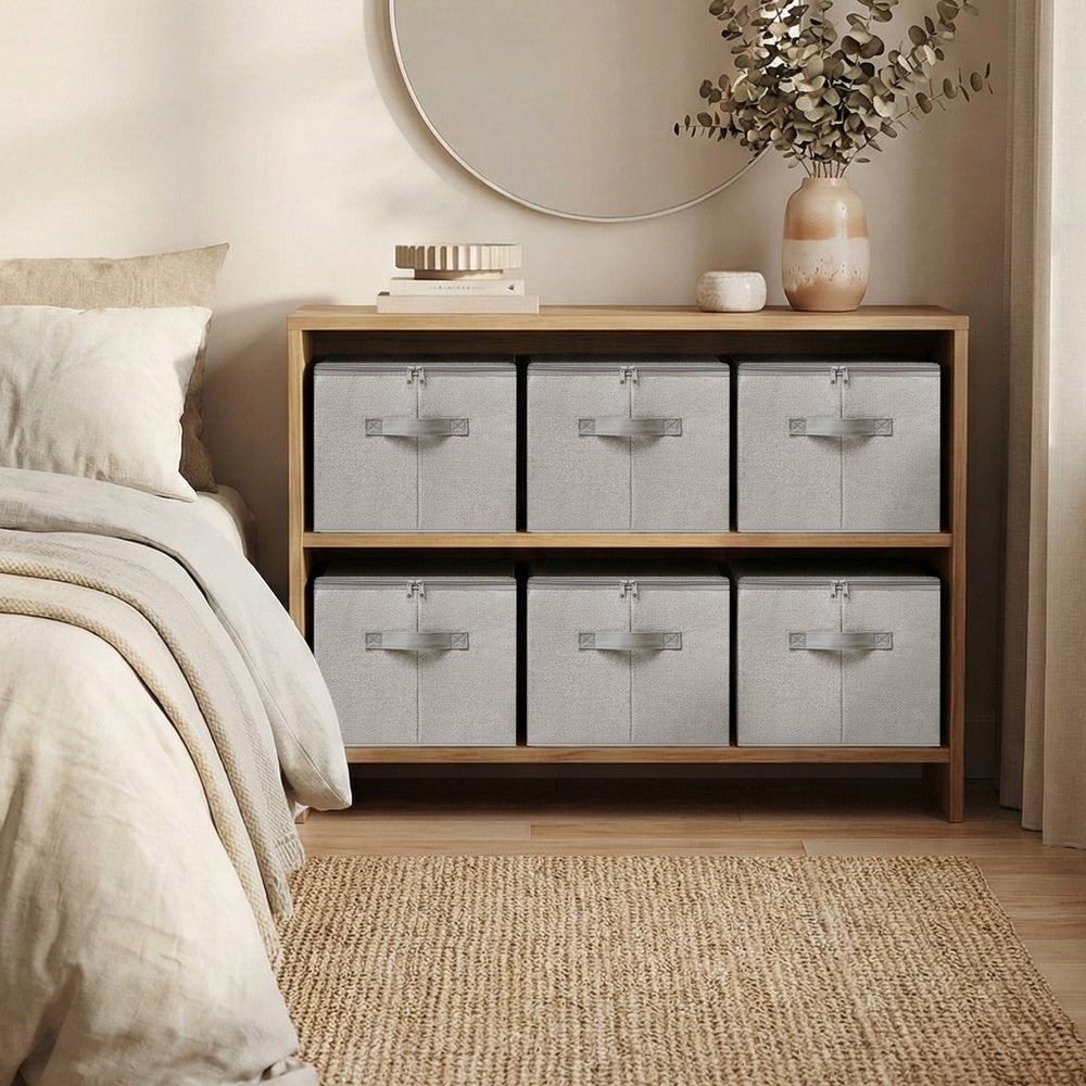 Set of 6 Foldable Storage Boxes - Thick Cardboard and Fabric - Light Grey