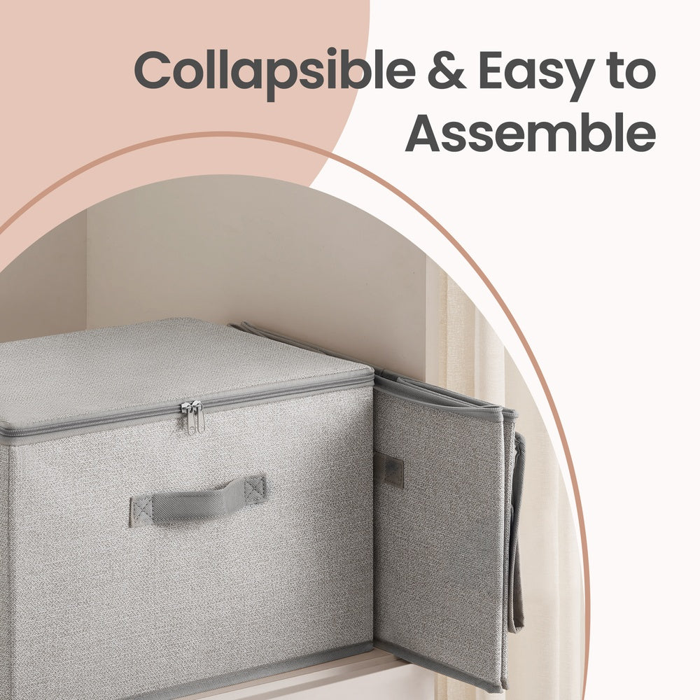 Set of 6 Foldable Storage Boxes - Thick Cardboard and Fabric - Light Grey