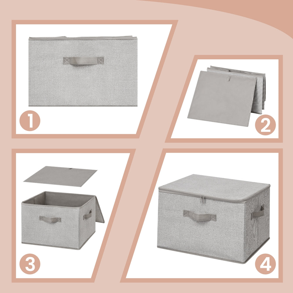 Set of 6 Foldable Storage Boxes - Thick Cardboard and Fabric - Light Grey