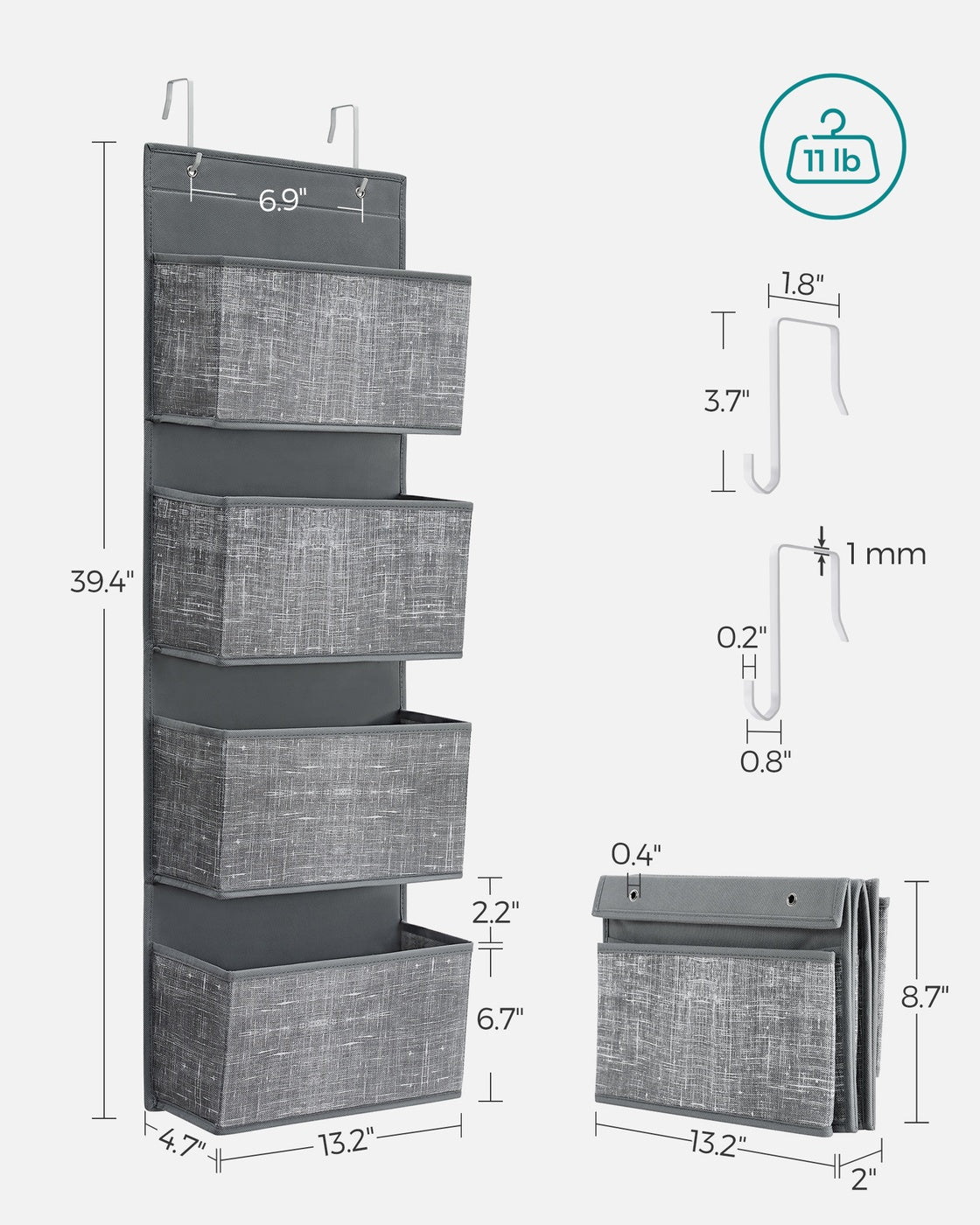 Over-Door Storage Organiser - Fabric and Cardboard - Heathered Grey