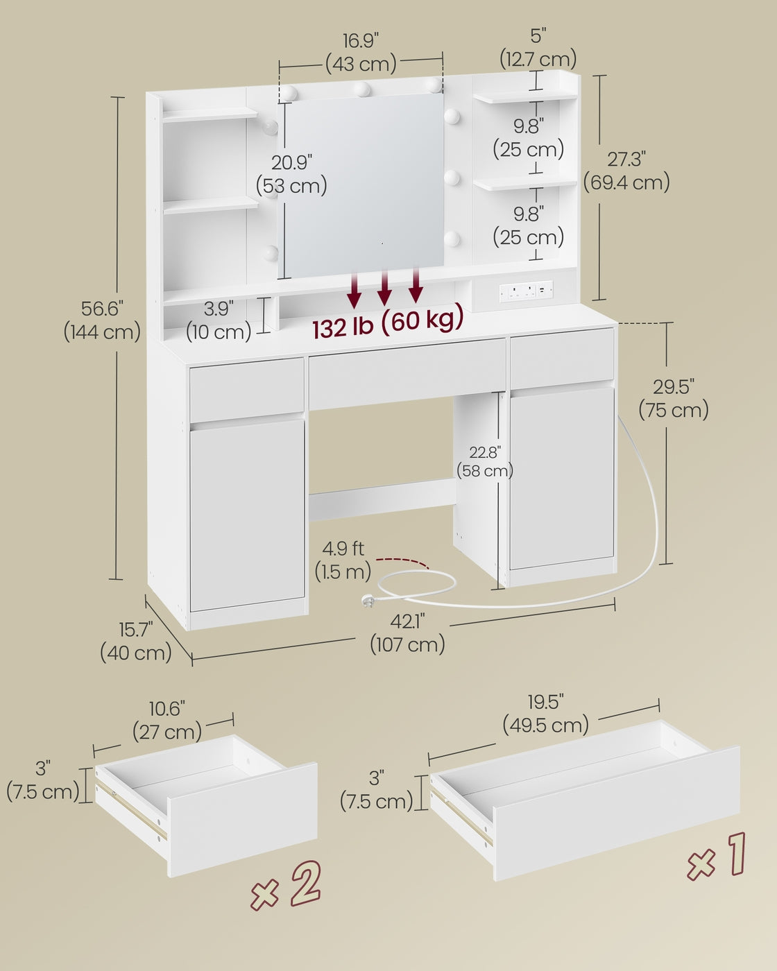 KAILYN Collection - Dressing Table - Wood and MDF - Cloud White