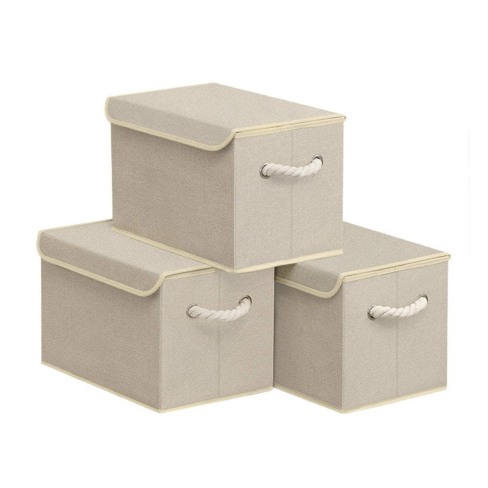 Storage Boxes - Cardboard and Fabric - Sand Beige - with Lids Set of 3