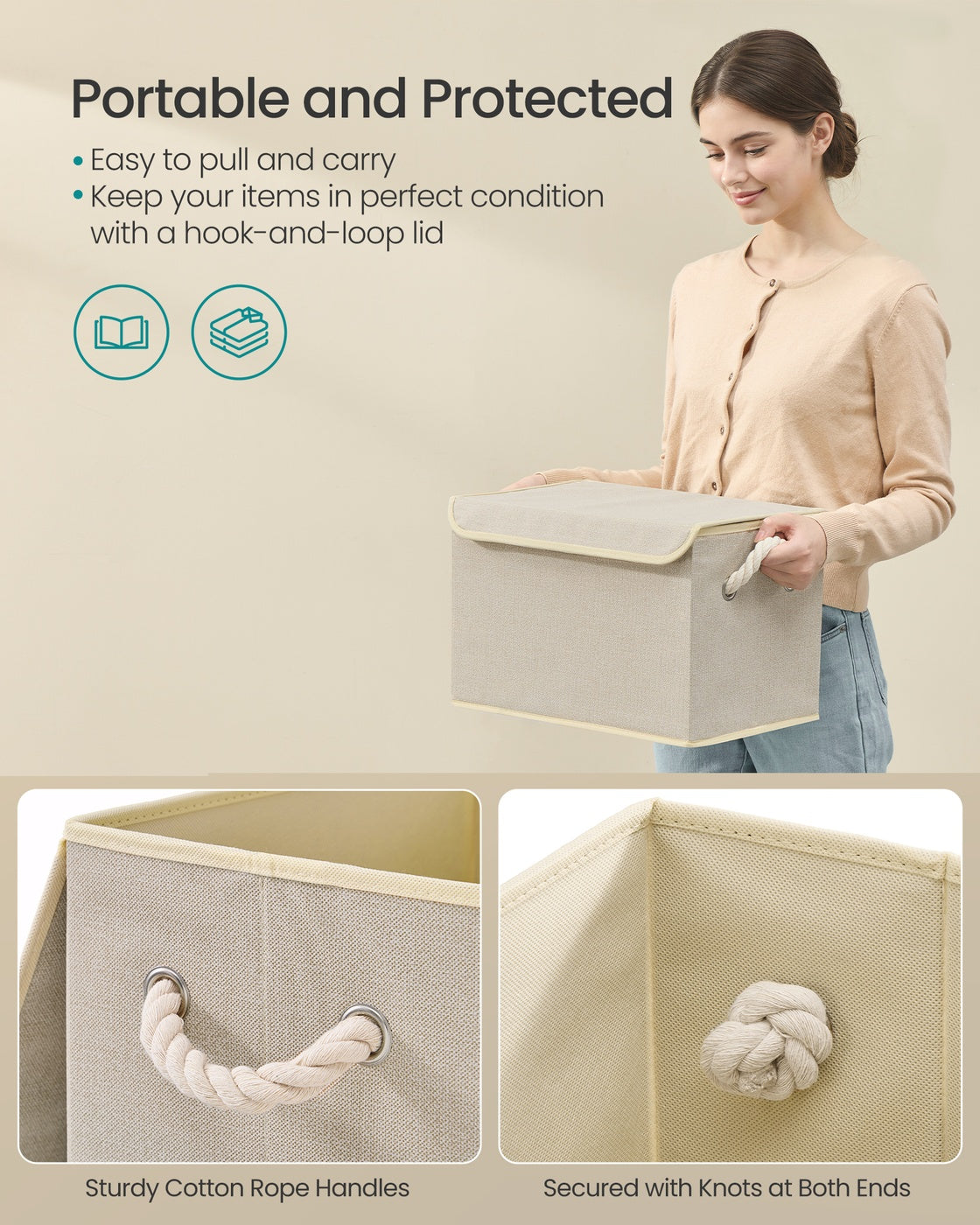 Storage Boxes - Cardboard and Fabric - Sand Beige - with Lids Set of 3