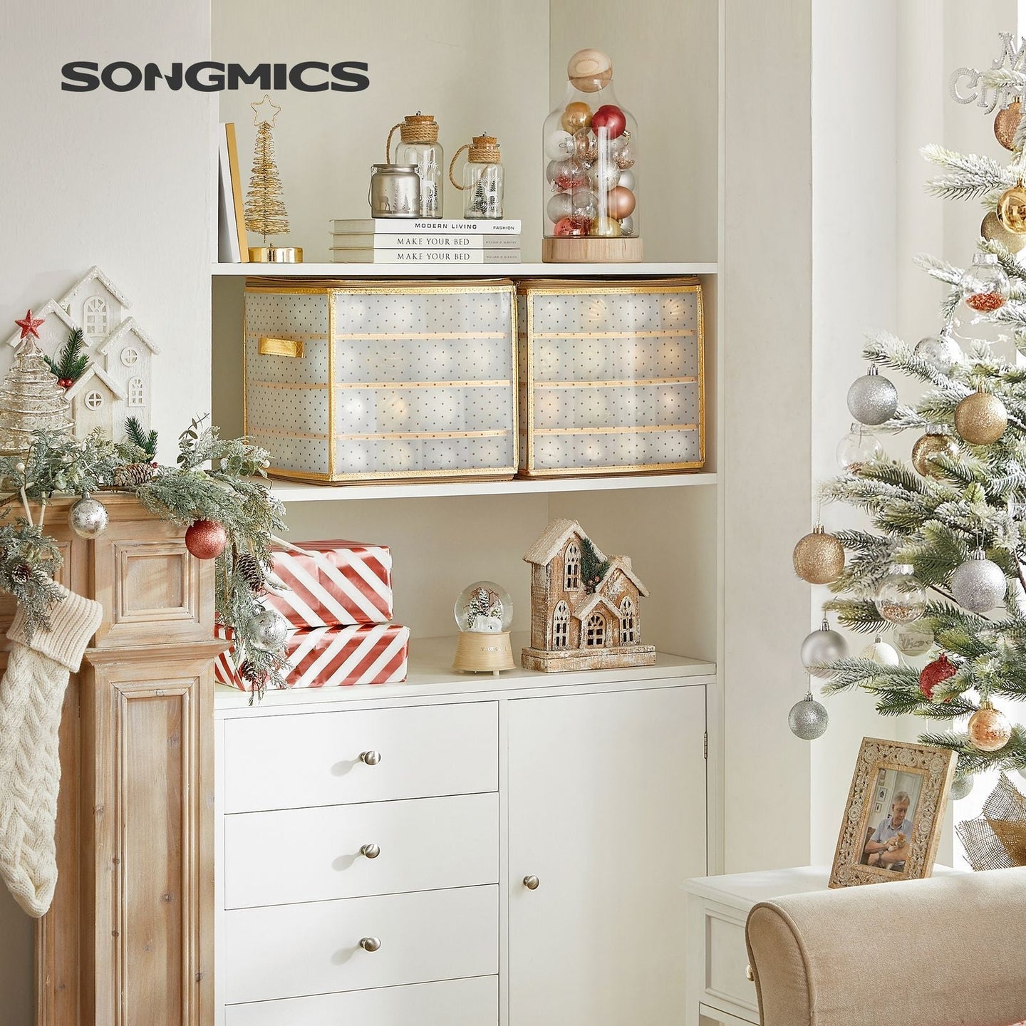 Christmas Ball Organiser - Fabric - Sandy Gold - 128 Bauble Capacity with Modular Dividers