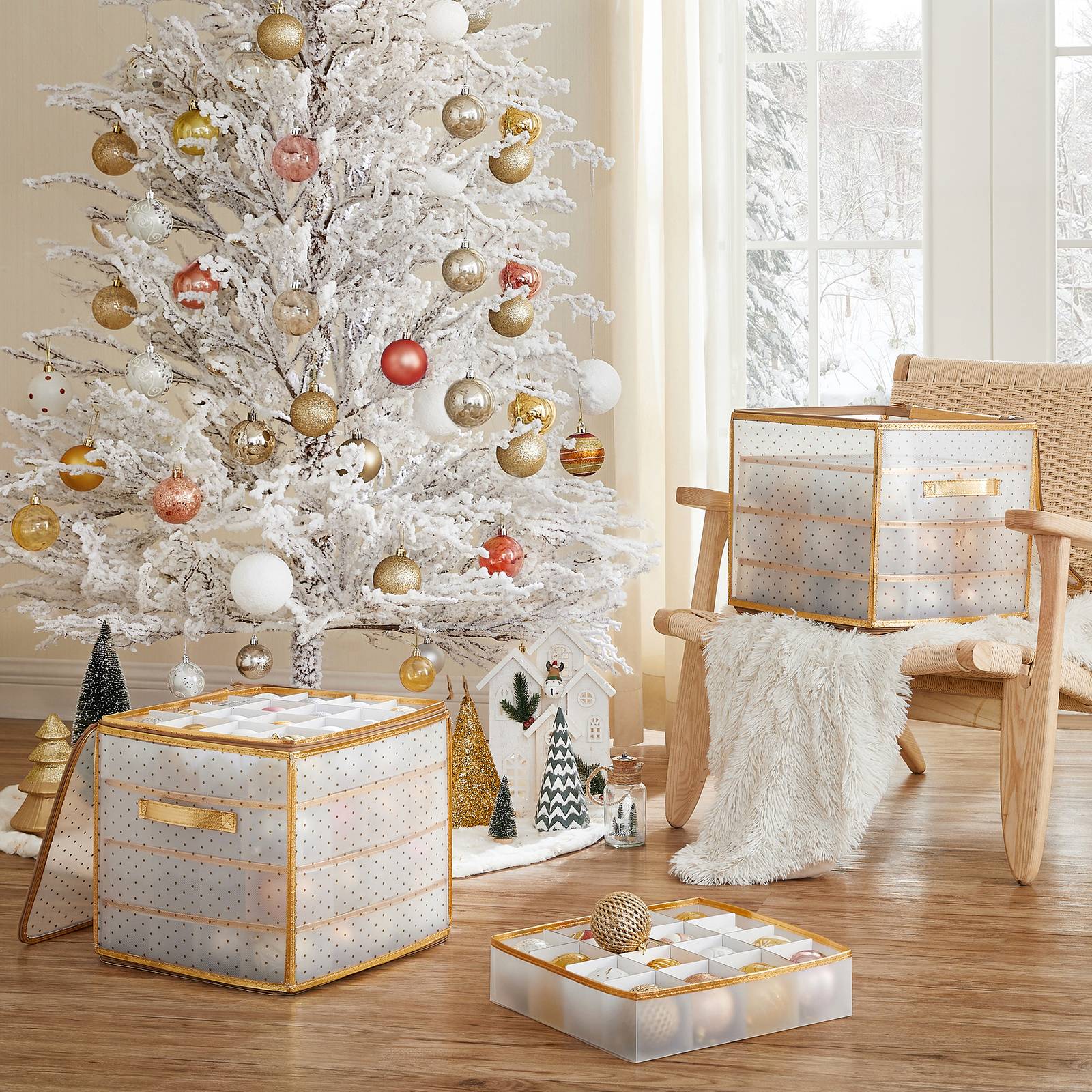 Christmas Ball Organiser - Fabric - Sandy Gold - 128 Bauble Capacity with Modular Dividers