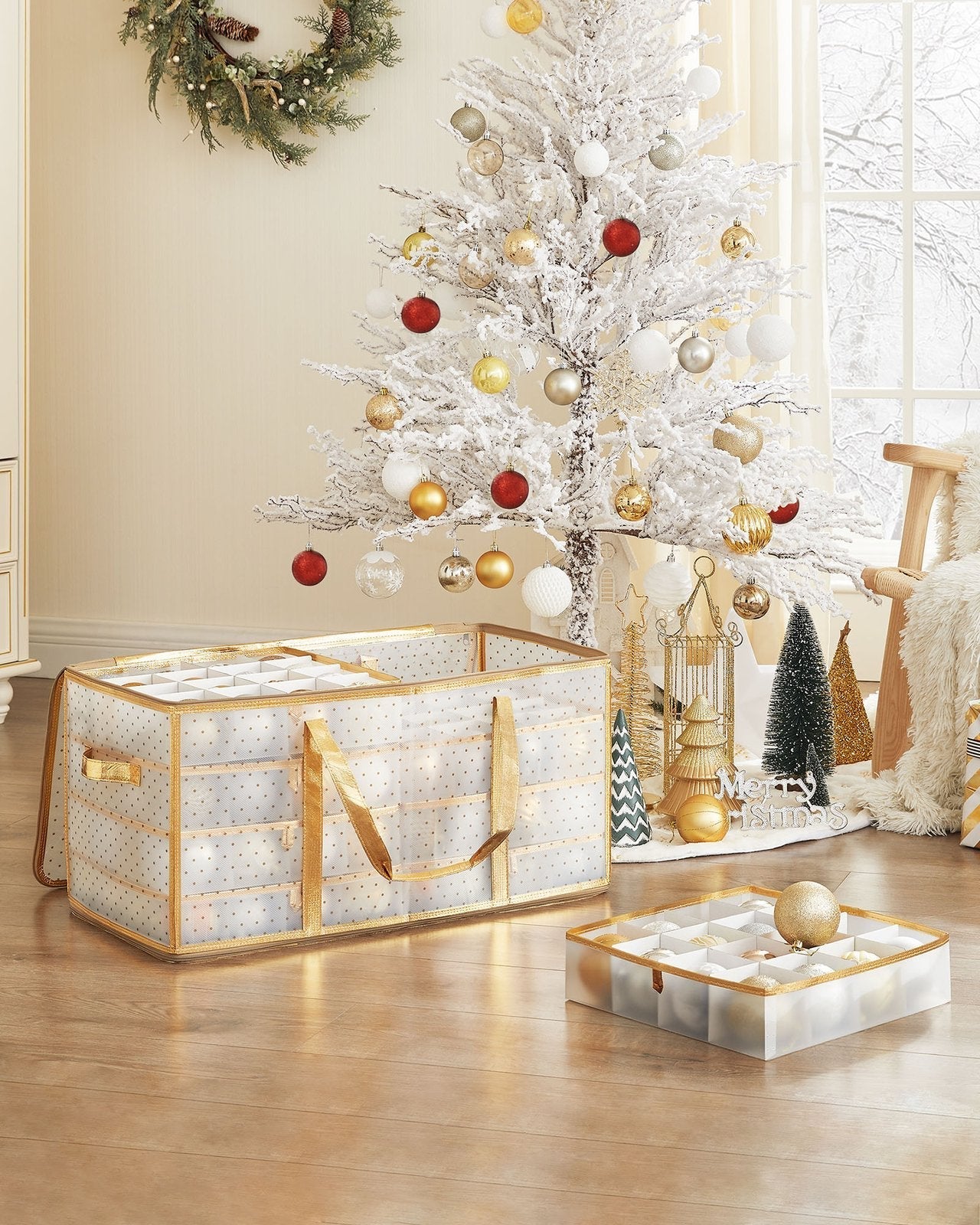 Set of 2 Christmas Ornament Storage Boxes - Fabric - Semi-Transparent - Modular Dividers