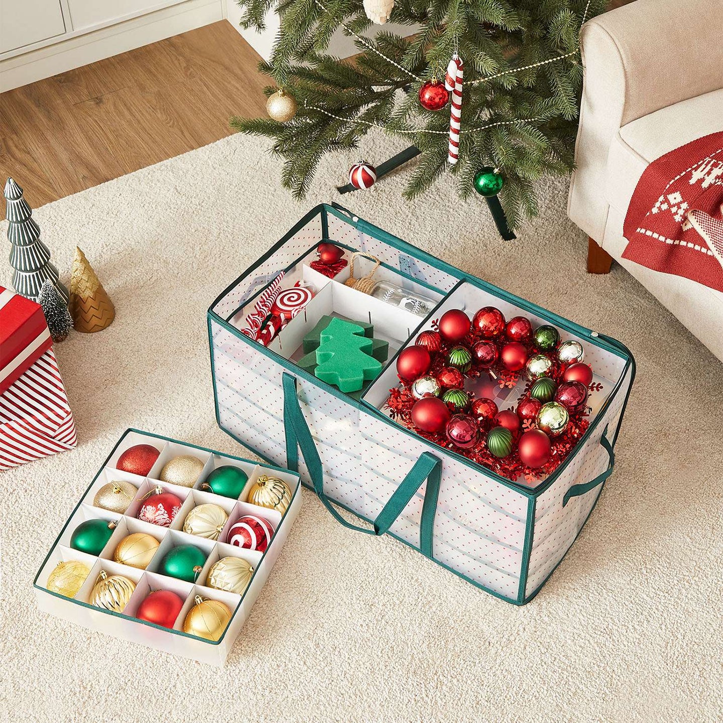 Christmas Ornament Storage Box - Fabric - Semi-Transparent - 128-Place with Modular Dividers