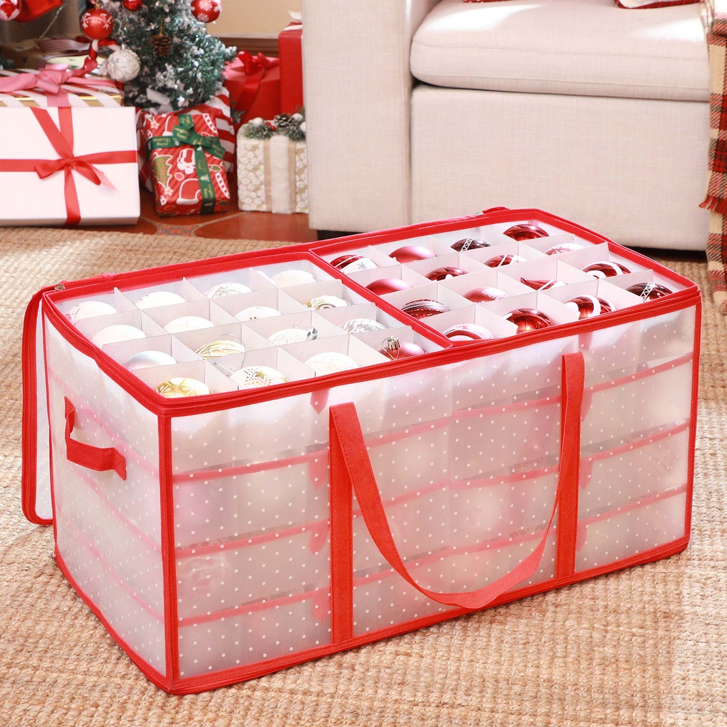Large Storage Box - Fabric - Red - Modular Dividers for Christmas Baubles