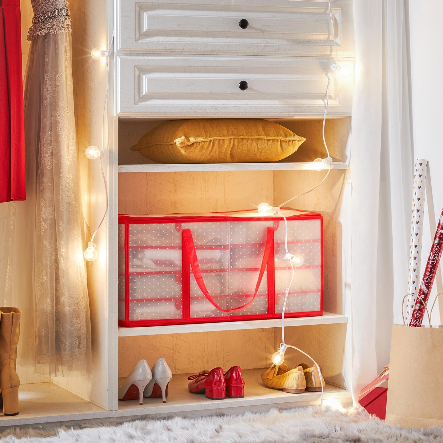 Large Storage Box - Fabric - Red - Modular Dividers for Christmas Baubles