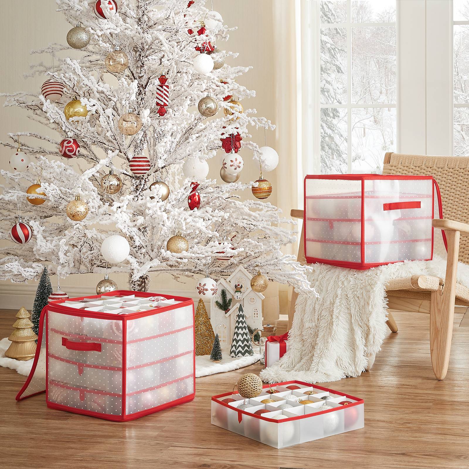 Christmas Ornament Storage Box - Plastic - Cherry Red - 128 Compartment Capacity with Modular Dividers