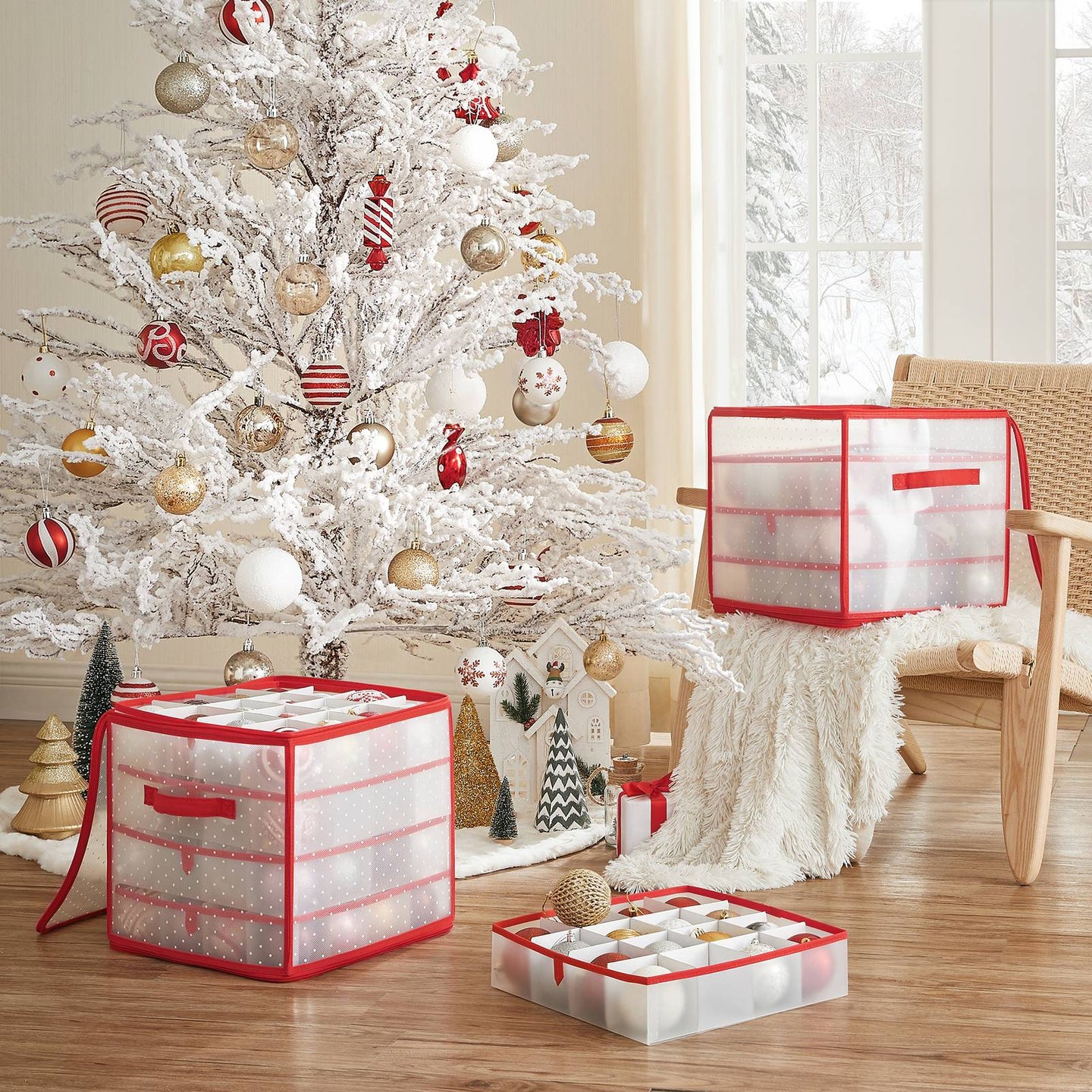 Christmas Ornament Storage Box - Plastic - Cherry Red - 128 Compartment Capacity with Modular Dividers