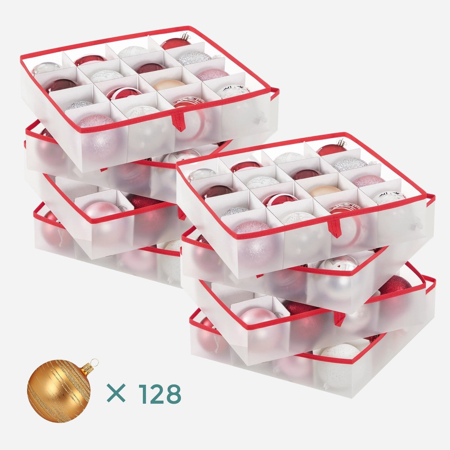 Christmas Ornament Storage Box - Plastic - Cherry Red - 128 Compartment Capacity with Modular Dividers
