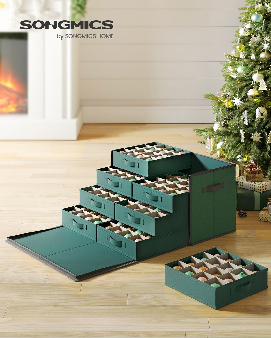 128-Slot Christmas Decoration Storage Box - Fabric and Non-Woven Fabric - Forest Green - with Side Open