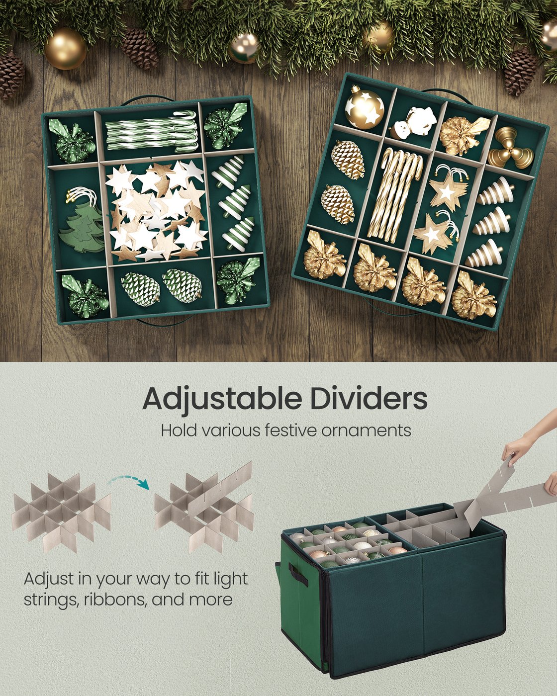 128-Slot Christmas Decoration Storage Box - Fabric and Non-Woven Fabric - Forest Green - with Side Open