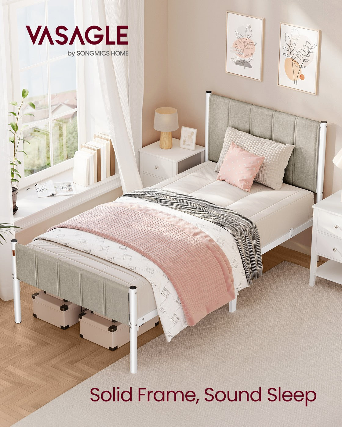 Single Metal bed frame - Steel and Foam - Cappuccino Beige