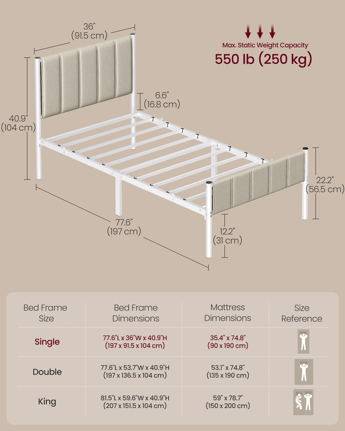 Single Metal bed frame - Steel and Foam - Cappuccino Beige