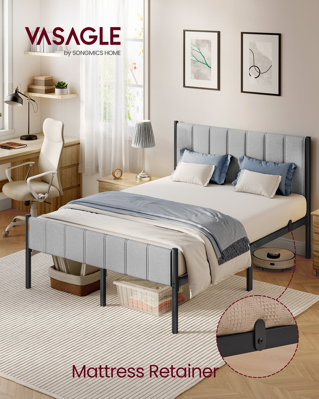 Double Metal bed frame - Steel and Foam - Dove Grey
