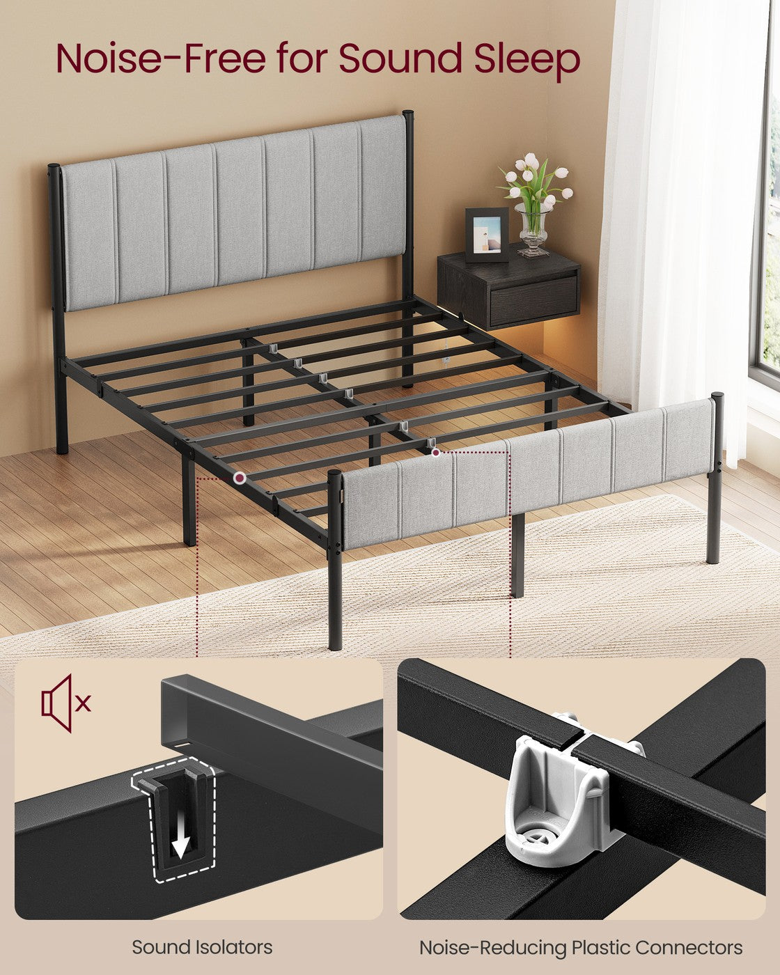 Double Metal bed frame - Steel and Foam - Dove Grey