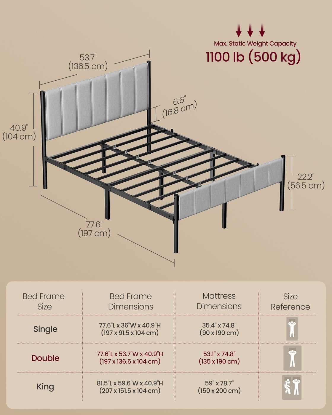 Double Metal bed frame - Steel and Foam - Dove Grey