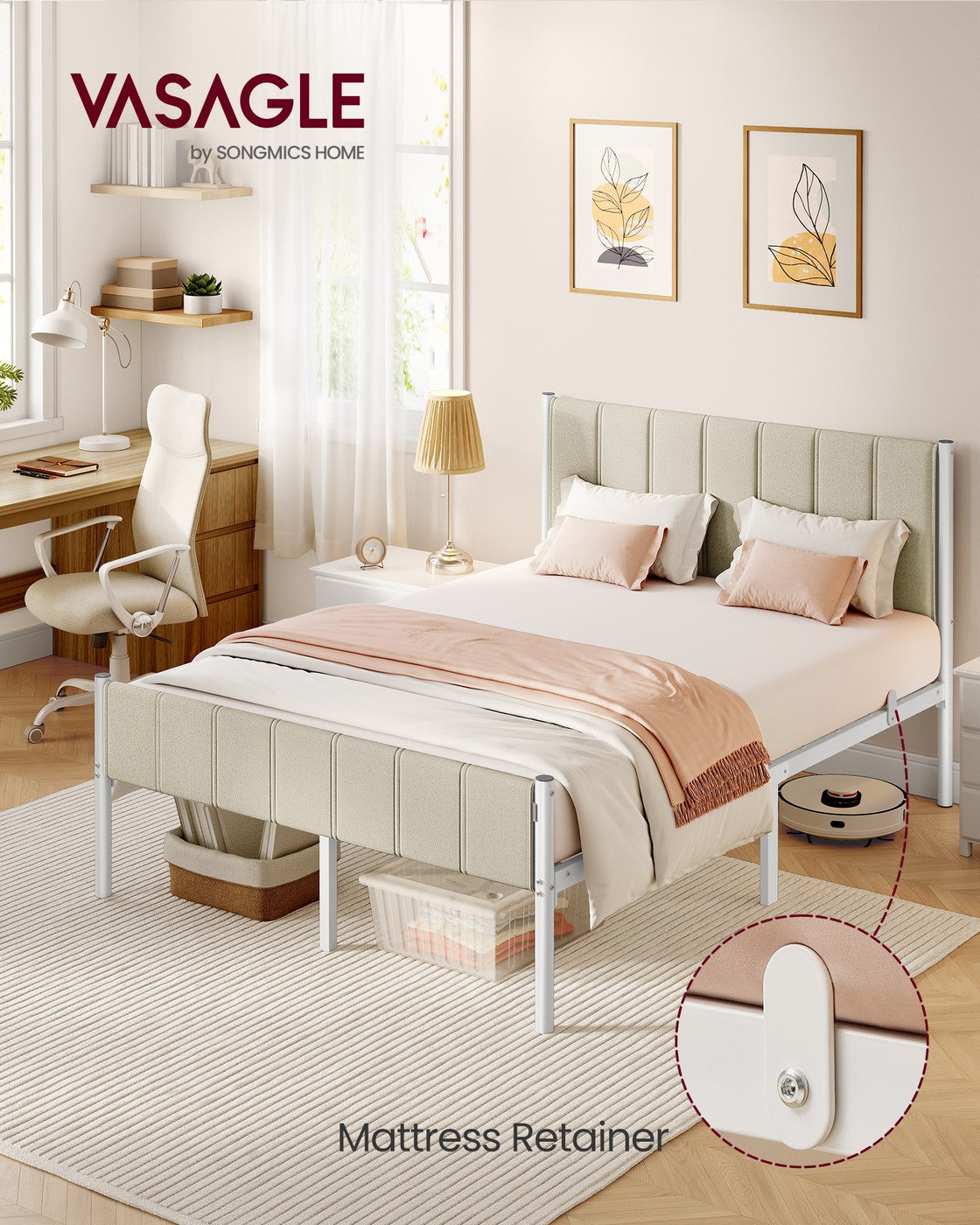 Double Metal bed frame - Steel and Foam - Cappuccino Beige