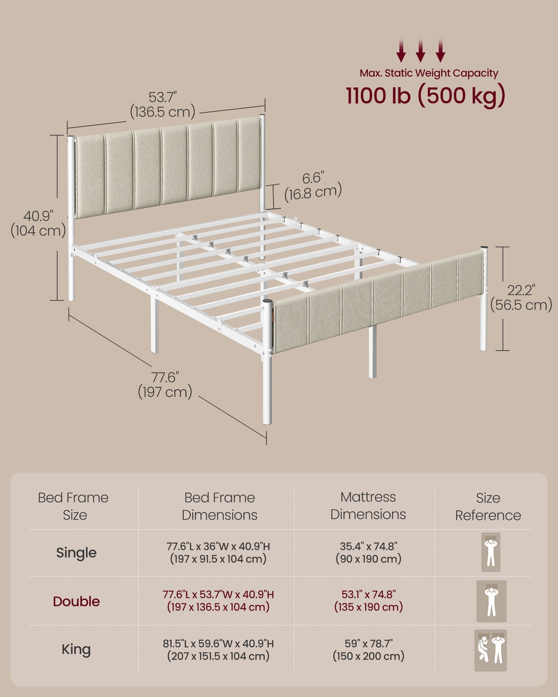 Double Metal bed frame - Steel and Foam - Cappuccino Beige