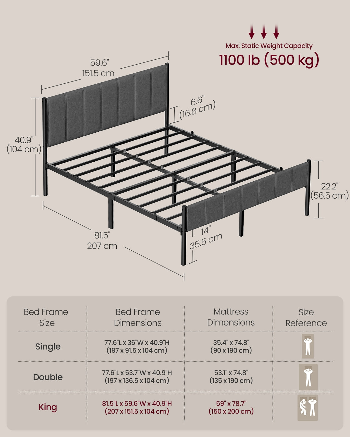 King Metal bed frame - Steel and Foam - Slate Grey