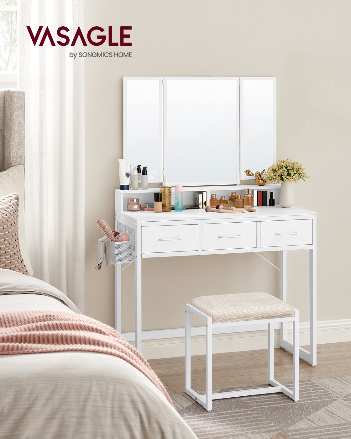 Dressing Table - Particleboard and Steel - White - with Stool