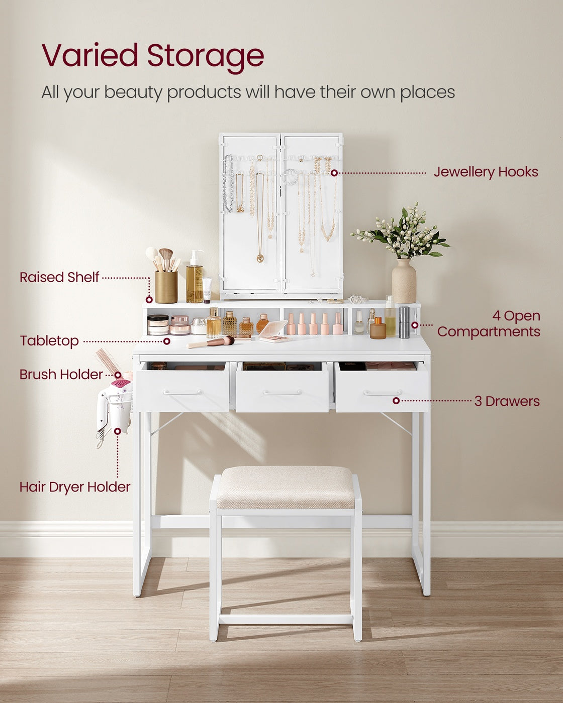 Dressing Table - Particleboard and Steel - White - with Stool