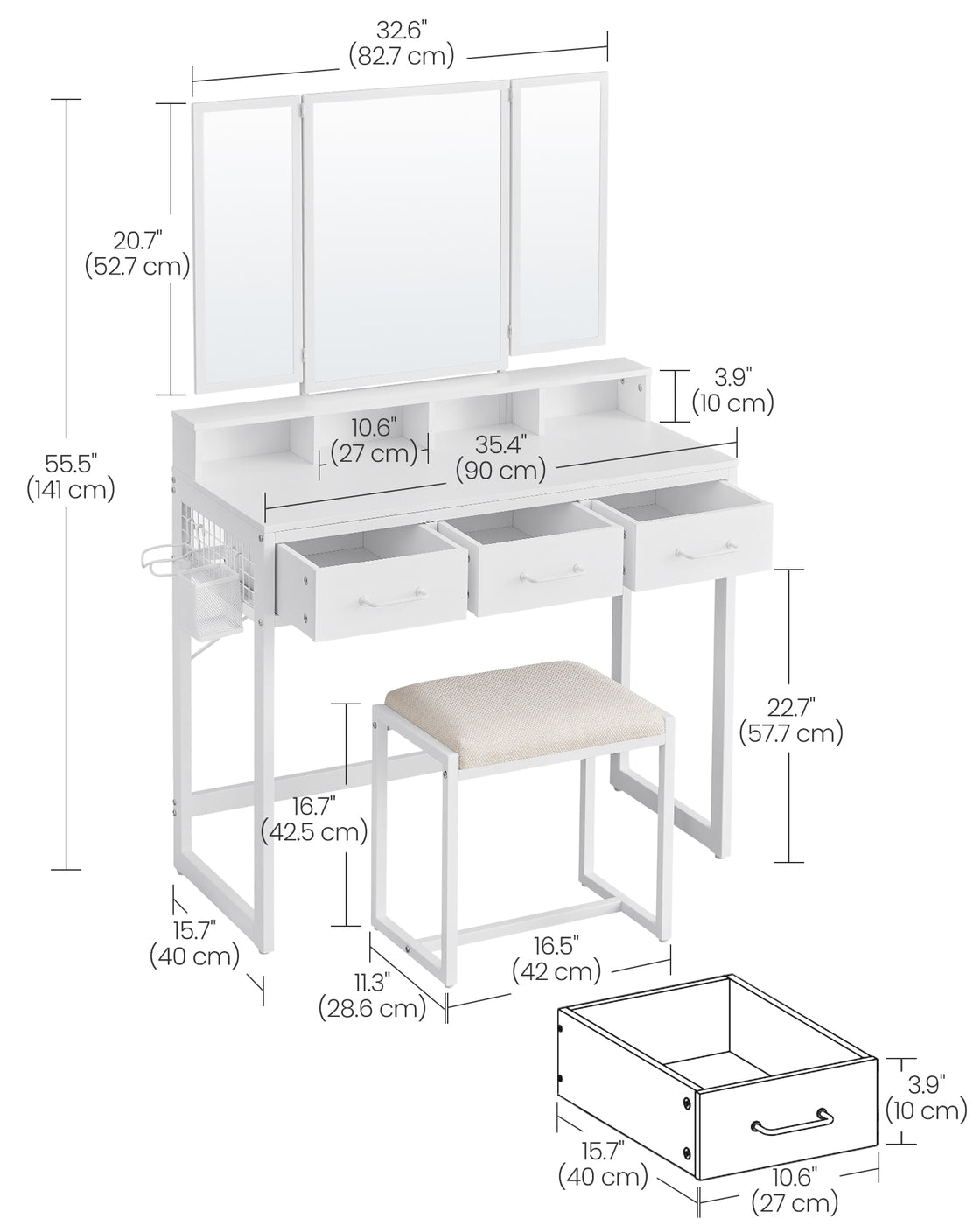 Dressing Table - Particleboard and Steel - White - with Stool