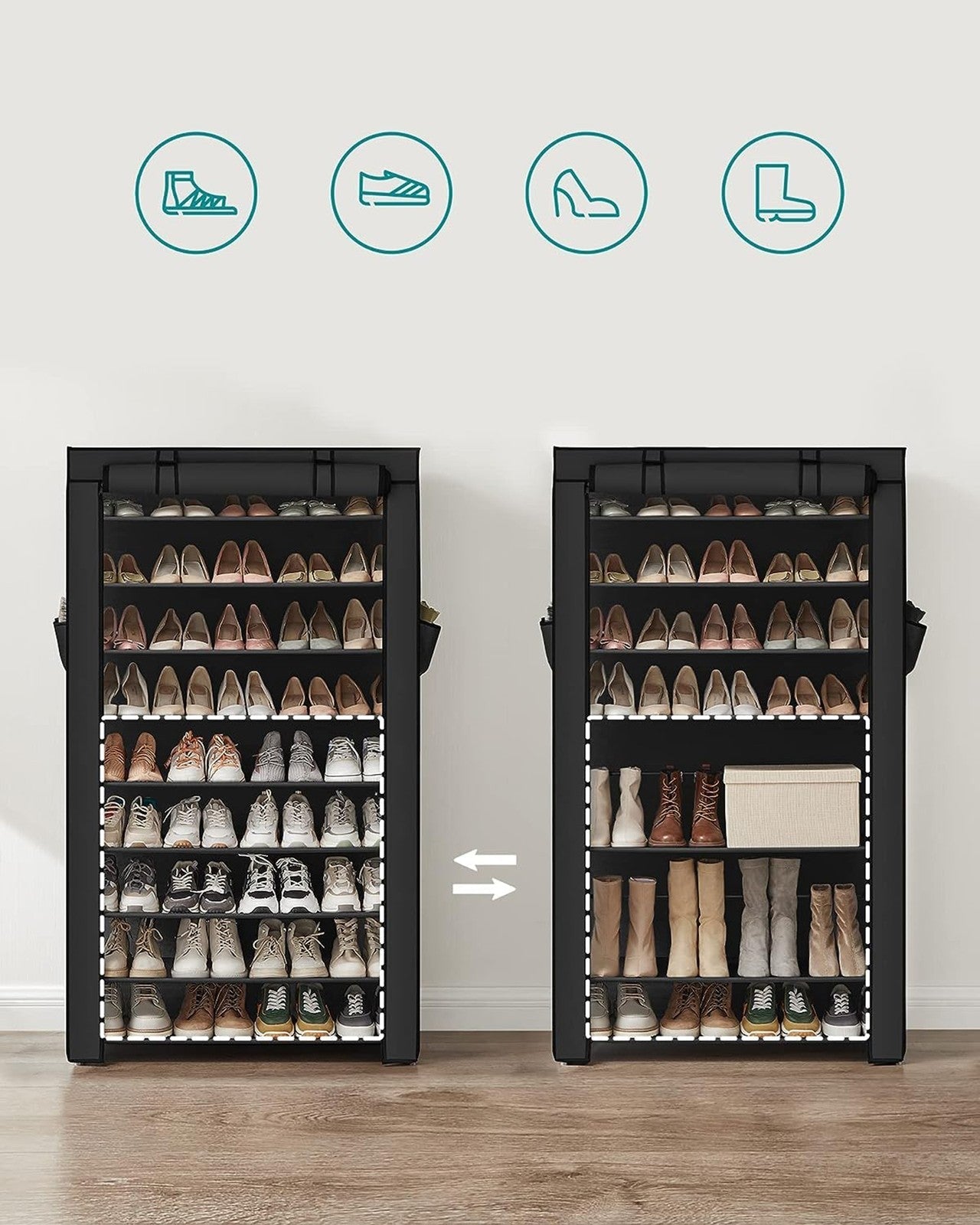10-Tier Shoe Rack - Fabric - Black - Dustproof Cover