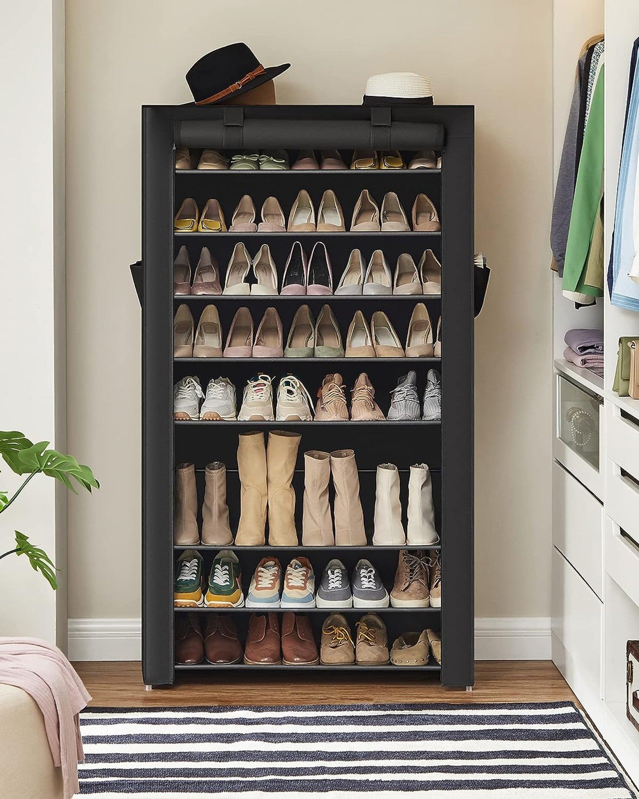 10-Tier Shoe Rack - Fabric - Black - Dustproof Cover