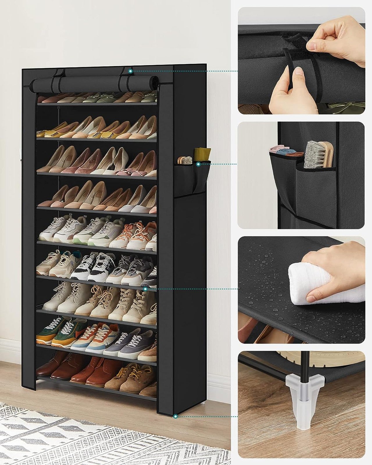 10-Tier Shoe Rack - Fabric - Black - Dustproof Cover