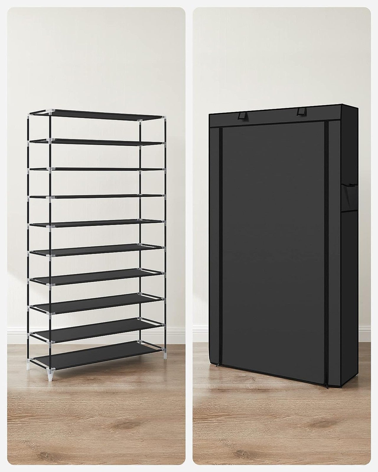 10-Tier Shoe Rack - Fabric - Black - Dustproof Cover